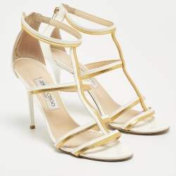 Jimmy Choo White/Gold Patent and Leather Ankle Sandals Size 39.5