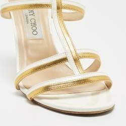 Jimmy Choo White/Gold Patent and Leather Ankle Sandals Size 39.5