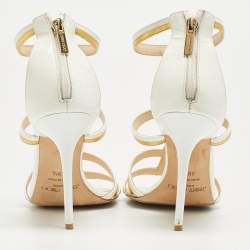 Jimmy Choo White/Gold Patent and Leather Ankle Sandals Size 39.5