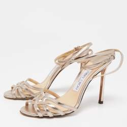 Pre Owned Jimmy Choo Metallic Silver Leather Ankle Strap Sandals Size 36