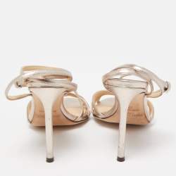 Pre Owned Jimmy Choo Metallic Silver Leather Ankle Strap Sandals Size 36