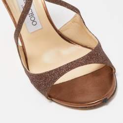 Pre Owned Jimmy Choo Metallic Brown Glitter Leather Lang Ankle Strap Sandals Size 41