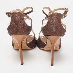 Pre Owned Jimmy Choo Metallic Brown Glitter Leather Lang Ankle Strap Sandals Size 41