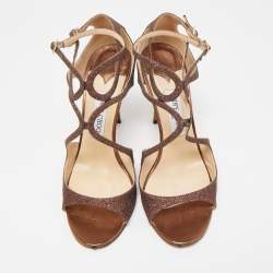 Pre Owned Jimmy Choo Metallic Brown Glitter Leather Lang Ankle Strap Sandals Size 41