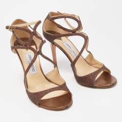 Pre Owned Jimmy Choo Metallic Brown Glitter Leather Lang Ankle Strap Sandals Size 41