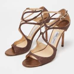 Pre Owned Jimmy Choo Metallic Brown Glitter Leather Lang Ankle Strap Sandals Size 41