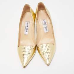 Pre Owned Jimmy Choo Gold Textured Leather Pointed Toe Pumps Size 37