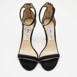 Pre Owned Jimmy Choo Black Suede Crystal Embellished Ankle Strap Sandals Size 39
