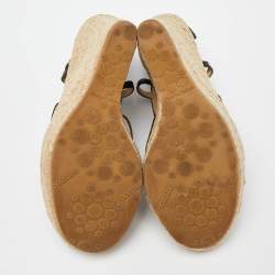 Pre Owned Jimmy Choo Black Leather Strappy Espadrille Wedge Sandals Size 37