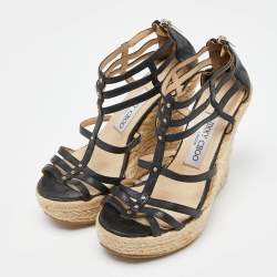 Pre Owned Jimmy Choo Black Leather Strappy Espadrille Wedge Sandals Size 37