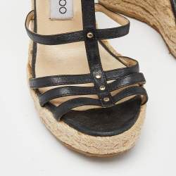 Pre Owned Jimmy Choo Black Leather Strappy Espadrille Wedge Sandals Size 37