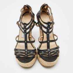 Pre Owned Jimmy Choo Black Leather Strappy Espadrille Wedge Sandals Size 37