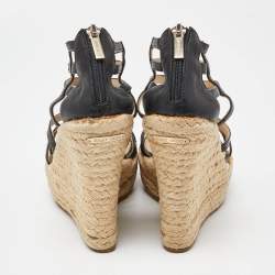 Pre Owned Jimmy Choo Black Leather Strappy Espadrille Wedge Sandals Size 37