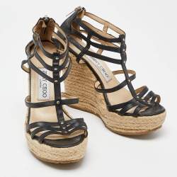 Pre Owned Jimmy Choo Black Leather Strappy Espadrille Wedge Sandals Size 37