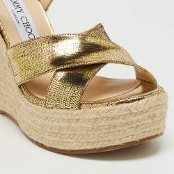 Pre Owned Jimmy Choo Gold Foil Leather Espadrille Wedge Platform Ankle Strap Sandals Size 37