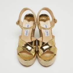 Pre Owned Jimmy Choo Gold Foil Leather Espadrille Wedge Platform Ankle Strap Sandals Size 37
