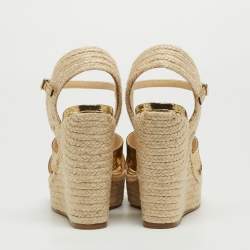 Pre Owned Jimmy Choo Gold Foil Leather Espadrille Wedge Platform Ankle Strap Sandals Size 37