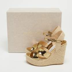 Pre Owned Jimmy Choo Gold Foil Leather Espadrille Wedge Platform Ankle Strap Sandals Size 37
