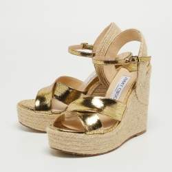 Pre Owned Jimmy Choo Gold Foil Leather Espadrille Wedge Platform Ankle Strap Sandals Size 37