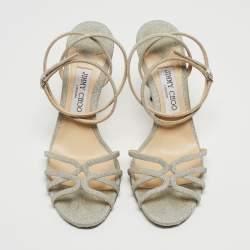 Pre Owned Jimmy Choo Silver Glitter Mime Ankle Wrap Sandals Size 39.5