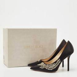 Jimmy Choo Black Satin Love Crystal Embellished Pointed Toe Pumps Size 37.5