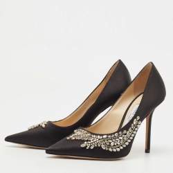 Jimmy Choo Black Satin Love Crystal Embellished Pointed Toe Pumps Size 37.5