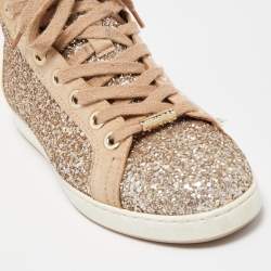 Pre Owned Jimmy Choo Beige/Silver Glitter and Suede High Top Sneakers Size 38