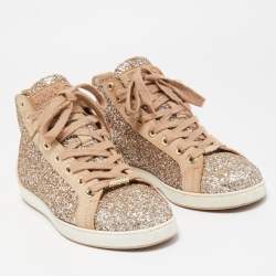 Pre Owned Jimmy Choo Beige/Silver Glitter and Suede High Top Sneakers Size 38