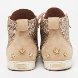 Pre Owned Jimmy Choo Beige/Silver Glitter and Suede High Top Sneakers Size 38