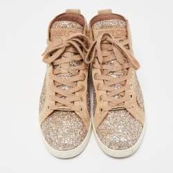 Pre Owned Jimmy Choo Beige/Silver Glitter and Suede High Top Sneakers Size 38