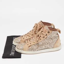 Pre Owned Jimmy Choo Beige/Silver Glitter and Suede High Top Sneakers Size 38