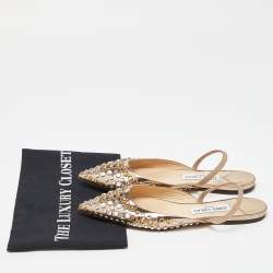 Pre Owned Jimmy Choo Gold Patent Leather Embellished Ankle Strap Pointed Toe Flats Size 37.5