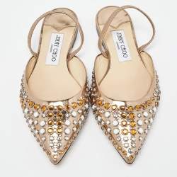 Pre Owned Jimmy Choo Gold Patent Leather Embellished Ankle Strap Pointed Toe Flats Size 37.5