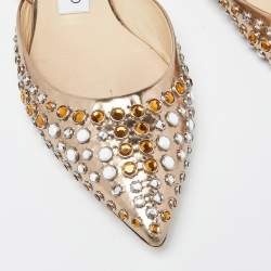 Pre Owned Jimmy Choo Gold Patent Leather Embellished Ankle Strap Pointed Toe Flats Size 37.5