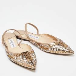 Pre Owned Jimmy Choo Gold Patent Leather Embellished Ankle Strap Pointed Toe Flats Size 37.5