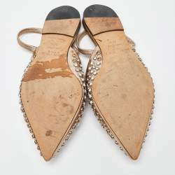 Pre Owned Jimmy Choo Gold Patent Leather Embellished Ankle Strap Pointed Toe Flats Size 37.5