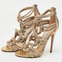 Jimmy Choo Beige/Gold Knotted Rope and Embossed Snakeskin Sandals Size 39