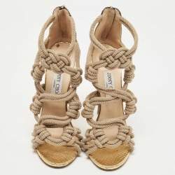 Jimmy Choo Beige/Gold Knotted Rope and Embossed Snakeskin Sandals Size 39