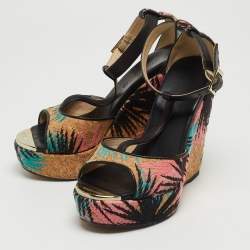 مملوكة مسبقًا Jimmy Choo Brown Embroidered Cork and Leather T-Strap Platform Wedge Sandals Size 36
