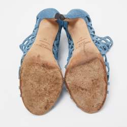 Pre Owned Jimmy Choo Blue Textured Suede Dassa Caged Booties Size 37