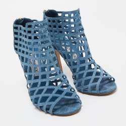 Pre Owned Jimmy Choo Blue Textured Suede Dassa Caged Booties Size 37