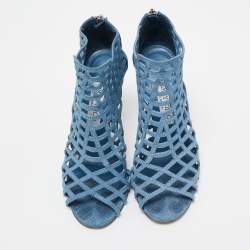 Pre Owned Jimmy Choo Blue Textured Suede Dassa Caged Booties Size 37