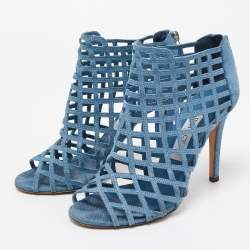 Pre Owned Jimmy Choo Blue Textured Suede Dassa Caged Booties Size 37