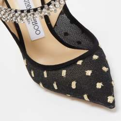 Jimmy Choo Black Mesh and Suede Bing Crystal Embellished Pointed Toe Mules Size 37.5