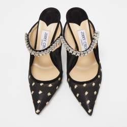 Jimmy Choo Black Mesh and Suede Bing Crystal Embellished Pointed Toe Mules Size 37.5