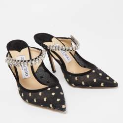 Jimmy Choo Black Mesh and Suede Bing Crystal Embellished Pointed Toe Mules Size 37.5