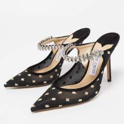 Jimmy Choo Black Mesh and Suede Bing Crystal Embellished Pointed Toe Mules Size 37.5