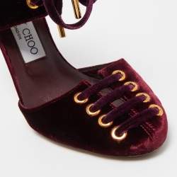 Pre Owned Jimmy Choo Burgundy Velvet Mari Lace Up Pumps Size 36