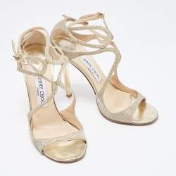 Pre Owned Jimmy Choo Gold Glitter Ivette Ankle Strap Sandals Size 38