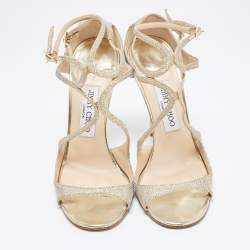 Pre Owned Jimmy Choo Gold Glitter Ivette Ankle Strap Sandals Size 38